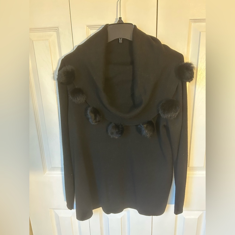 Vintage 100% Merino Wool Black Sweater with Pom Pom Details